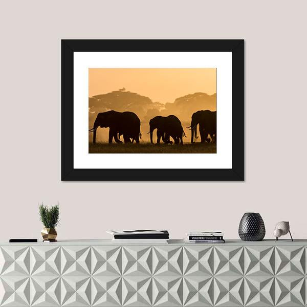 Silhouettes Of Elephants Canvas Wall Art-1 Piece-Framed Print-20" x 16"-Tiaracle