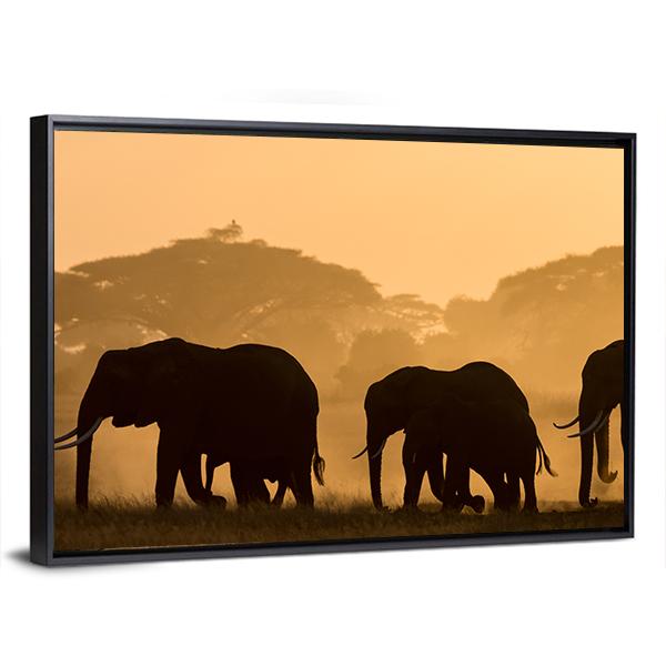 Silhouettes Of Elephants Canvas Wall Art-3 Horizontal-Gallery Wrap-25" x 16"-Tiaracle