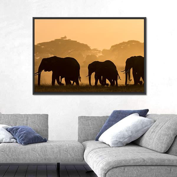 Silhouettes Of Elephants Canvas Wall Art-5 Horizontal-Gallery Wrap-22" x 12"-Tiaracle