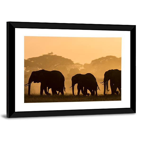 Silhouettes Of Elephants Canvas Wall Art-5 Horizontal-Gallery Wrap-22" x 12"-Tiaracle