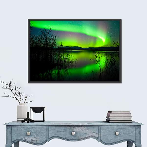Silhouettes Of Intense Northern Lights over Lake Laberge Canada Canvas Wall Art-1 Piece-Floating Frame-24" x 16"-Tiaracle