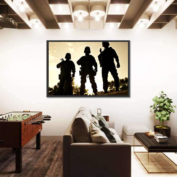 Silhouettes Of S W A T Officers Holding Their Guns Canvas Wall Art-1 Piece-Floating Frame-24" x 16"-Tiaracle