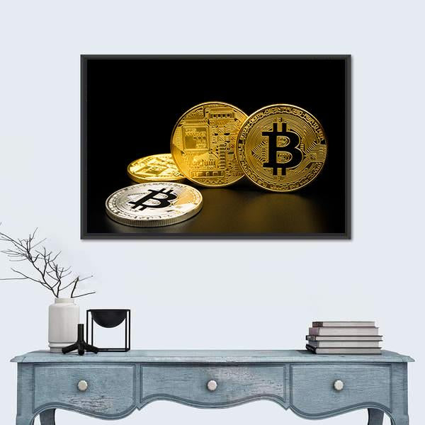 Two Gold and One Silver Bitcoin Coins Canvas Wall Art in black, gold and silver, framed canvas, product view on a white background