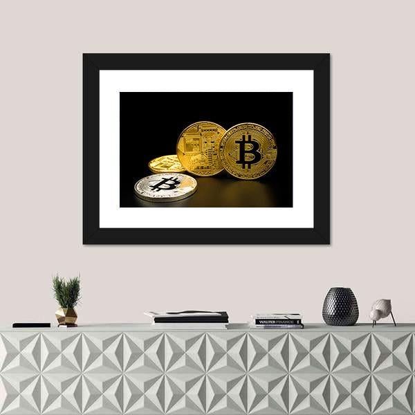 Two Gold and One Silver Bitcoin Coins Canvas Wall Art in black, gold and silver, framed print, product view on a white background