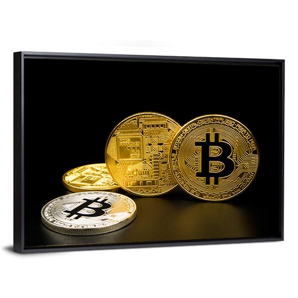 Silver And Golden Bitcoin Canvas Wall Art-3 Horizontal-Gallery Wrap-25" x 16"-Tiaracle