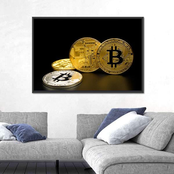 Silver And Golden Bitcoin Canvas Wall Art-5 Horizontal-Gallery Wrap-22" x 12"-Tiaracle