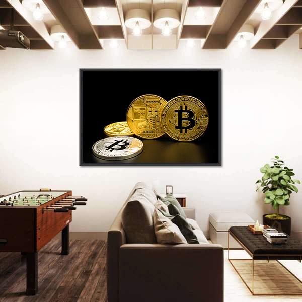Silver And Golden Bitcoin Canvas Wall Art-3 Horizontal-Gallery Wrap-25" x 16"-Tiaracle