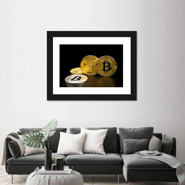Silver And Golden Bitcoin Canvas Wall Art-5 Horizontal-Gallery Wrap-22" x 12"-Tiaracle