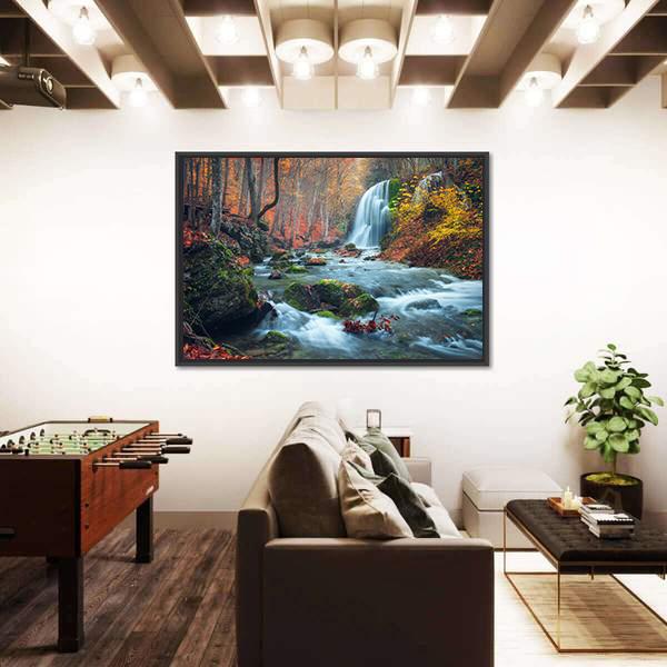 Silver Stream Waterfall In Grand Canyon Of Crimea At Sunset Canvas Wall Art-1 Piece-Floating Frame-24" x 16"-Tiaracle