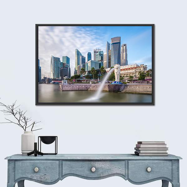 Singapore Skyline And River At Merlion Bay Canvas Wall Art-1 Piece-Floating Frame-24" x 16"-Tiaracle