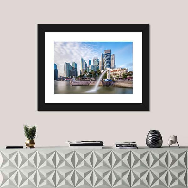 Singapore Skyline And River At Merlion Bay Canvas Wall Art-1 Piece-Framed Print-20" x 16"-Tiaracle