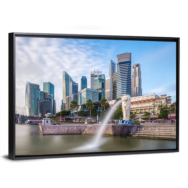 Singapore Skyline And River At Merlion Bay Canvas Wall Art-3 Horizontal-Gallery Wrap-25" x 16"-Tiaracle