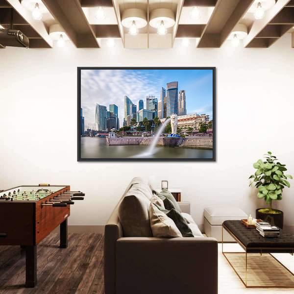 Singapore Skyline And River At Merlion Bay Canvas Wall Art-3 Horizontal-Gallery Wrap-25" x 16"-Tiaracle