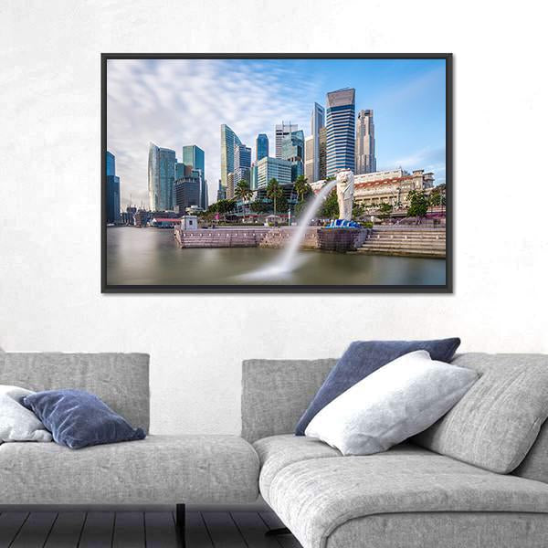 Singapore Skyline And River At Merlion Bay Canvas Wall Art-3 Horizontal-Gallery Wrap-25" x 16"-Tiaracle
