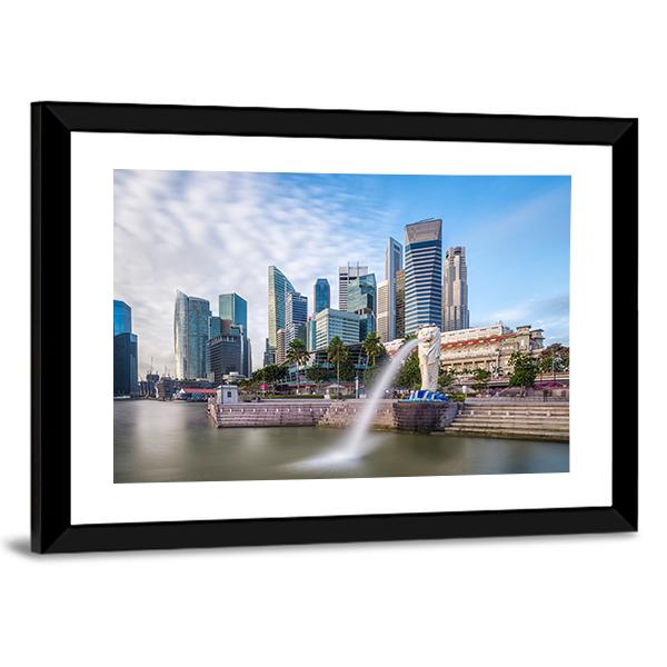 Singapore Skyline And River At Merlion Bay Canvas Wall Art-3 Horizontal-Gallery Wrap-25" x 16"-Tiaracle