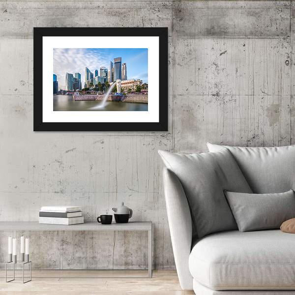Singapore Skyline And River At Merlion Bay Canvas Wall Art-3 Horizontal-Gallery Wrap-25" x 16"-Tiaracle