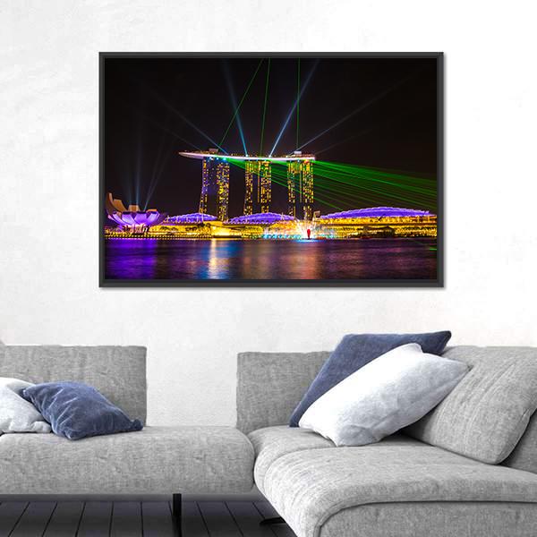 Singapore Skyline At Night Canvas Wall Art-5 Horizontal-Gallery Wrap-22" x 12"-Tiaracle
