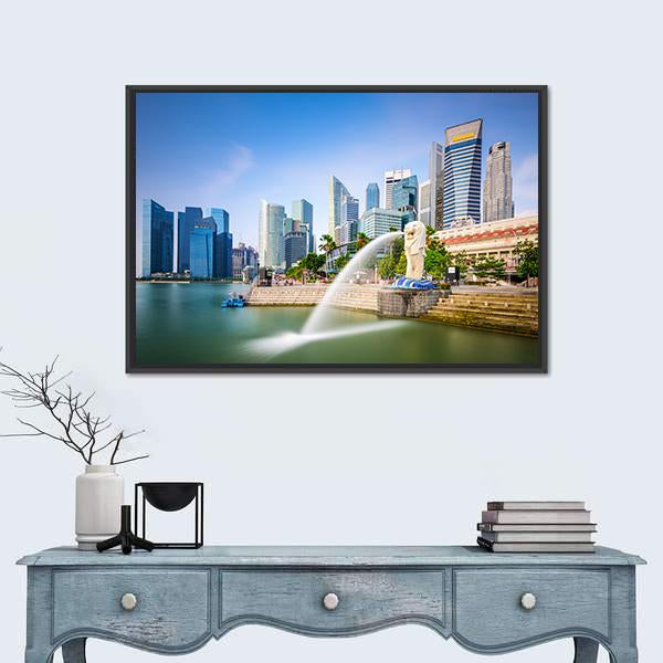 Singapore Skyline At The Merlion Fountain Canvas Wall Art-1 Piece-Floating Frame-36" x 24"-Tiaracle