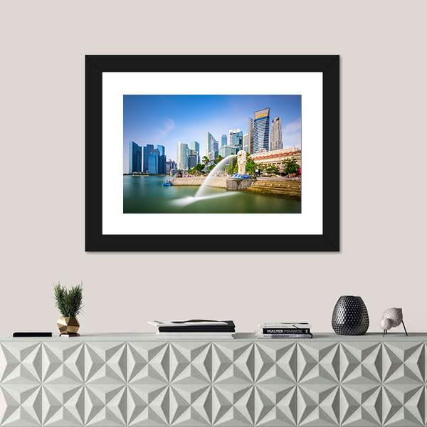 Singapore Skyline At The Merlion Fountain Canvas Wall Art-1 Piece-Framed Print-30" x 20"-Tiaracle