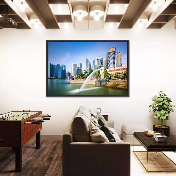 Singapore Skyline At The Merlion Fountain Canvas Wall Art-5 Horizontal-Gallery Wrap-22" x 12"-Tiaracle