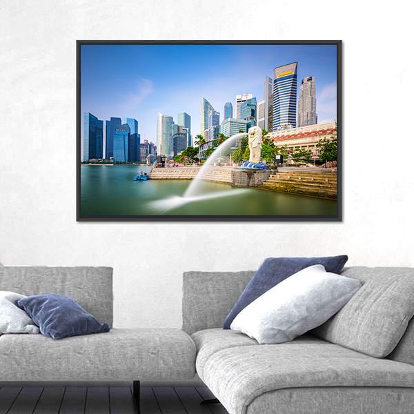 Singapore Skyline At The Merlion Fountain Canvas Wall Art-5 Horizontal-Gallery Wrap-22" x 12"-Tiaracle