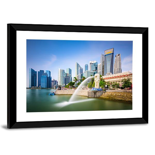 Singapore Skyline At The Merlion Fountain Canvas Wall Art-5 Horizontal-Gallery Wrap-22" x 12"-Tiaracle