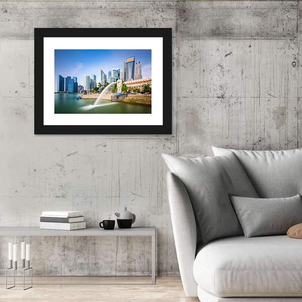 Singapore Skyline At The Merlion Fountain Canvas Wall Art-5 Horizontal-Gallery Wrap-22" x 12"-Tiaracle