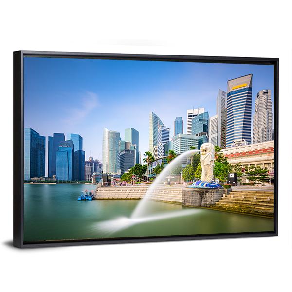 Singapore Skyline At The Merlion Fountain Canvas Wall Art-5 Horizontal-Gallery Wrap-22" x 12"-Tiaracle