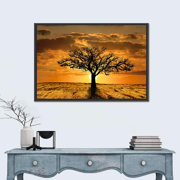 Single Tree Dying During Sunset Canvas Wall Art-1 Piece-Floating Frame-24" x 16"-Tiaracle