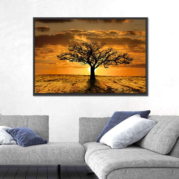 Single Tree Dying During Sunset Canvas Wall Art-3 Horizontal-Gallery Wrap-25" x 16"-Tiaracle