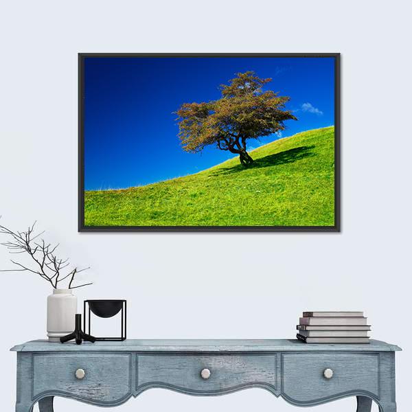 Single Tree On A Green Meadow Canvas Wall Art-1 Piece-Floating Frame-24" x 16"-Tiaracle