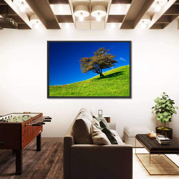 Single Tree On A Green Meadow Canvas Wall Art-3 Horizontal-Gallery Wrap-25" x 16"-Tiaracle