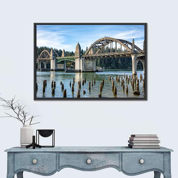 Siuslaw River Bridge In Florence Canvas Wall Art-1 Piece-Floating Frame-24" x 16"-Tiaracle