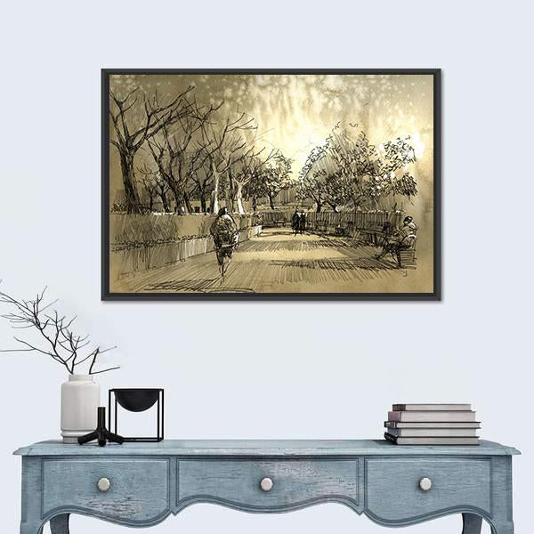 Sketch Of City Park Walkway Canvas Wall Art-1 Piece-Floating Frame-24" x 16"-Tiaracle