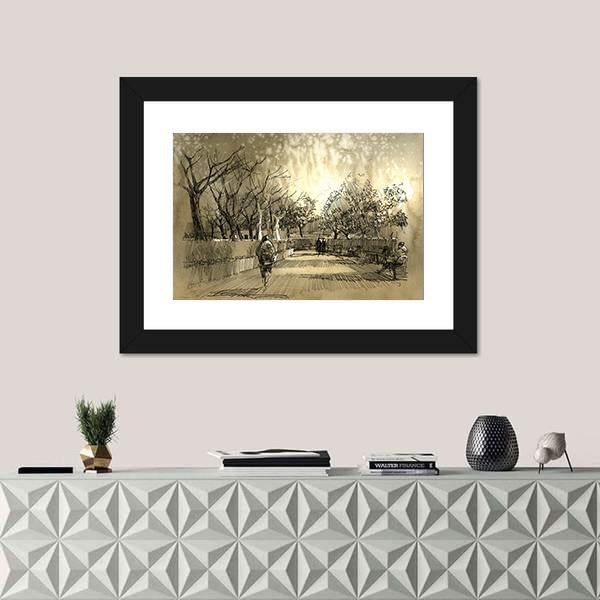 Sketch Of City Park Walkway Canvas Wall Art-1 Piece-Framed Print-20" x 16"-Tiaracle