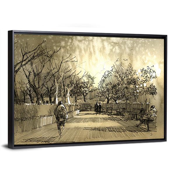 Sketch Of City Park Walkway Canvas Wall Art-3 Horizontal-Gallery Wrap-25" x 16"-Tiaracle