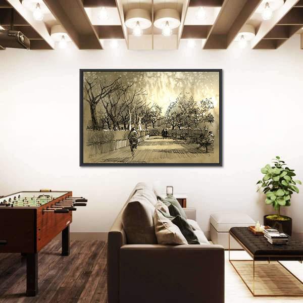 Sketch Of City Park Walkway Canvas Wall Art-3 Horizontal-Gallery Wrap-25" x 16"-Tiaracle