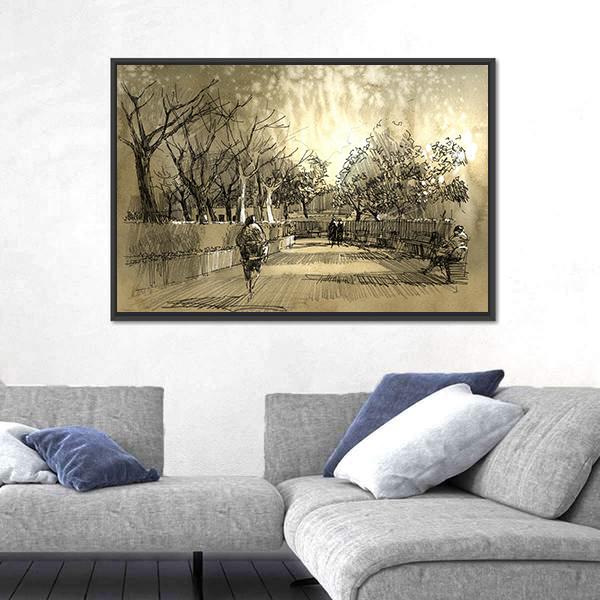 Sketch Of City Park Walkway Canvas Wall Art-3 Horizontal-Gallery Wrap-25" x 16"-Tiaracle