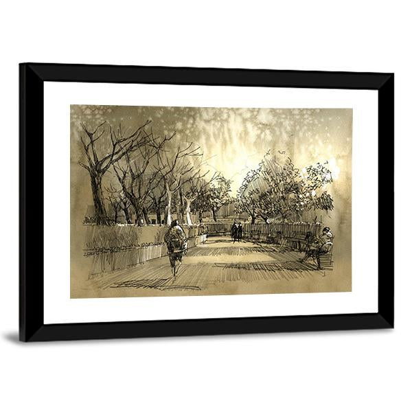 Sketch Of City Park Walkway Canvas Wall Art-3 Horizontal-Gallery Wrap-25" x 16"-Tiaracle