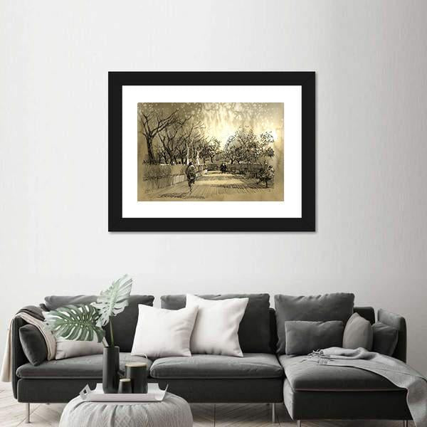 Sketch Of City Park Walkway Canvas Wall Art-3 Horizontal-Gallery Wrap-25" x 16"-Tiaracle