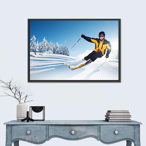 Skier In Mountains Canvas Wall Art-1 Piece-Floating Frame-24" x 16"-Tiaracle