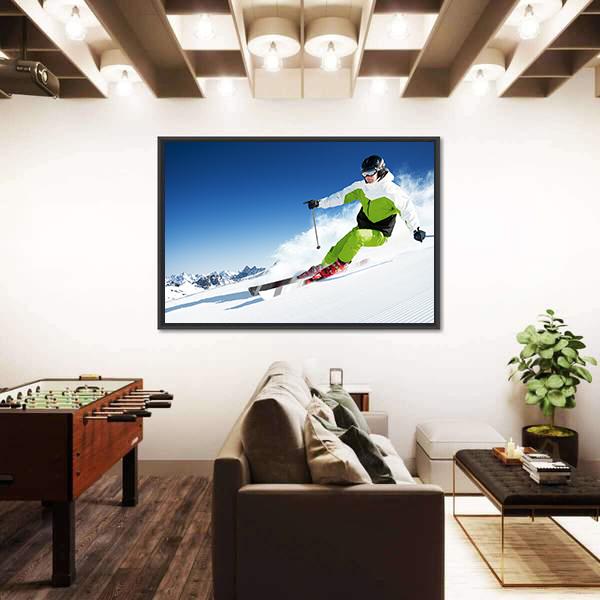 Skier In Mountains Canvas Wall Art-1 Piece-Floating Frame-24" x 16"-Tiaracle