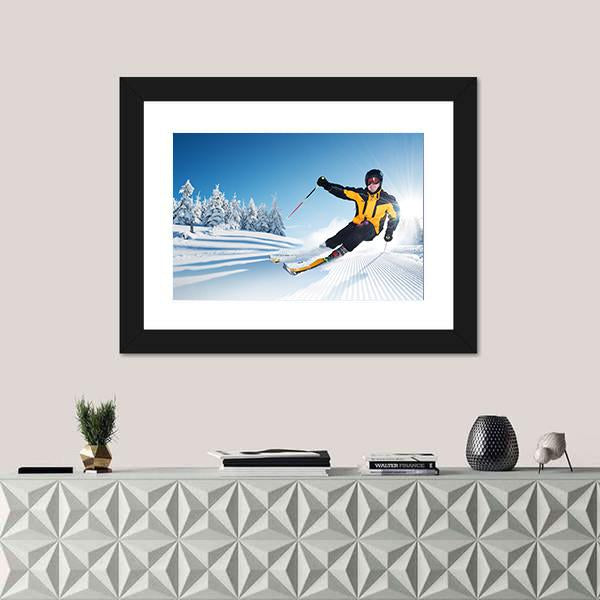 Skier In Mountains Canvas Wall Art-1 Piece-Framed Print-20" x 16"-Tiaracle