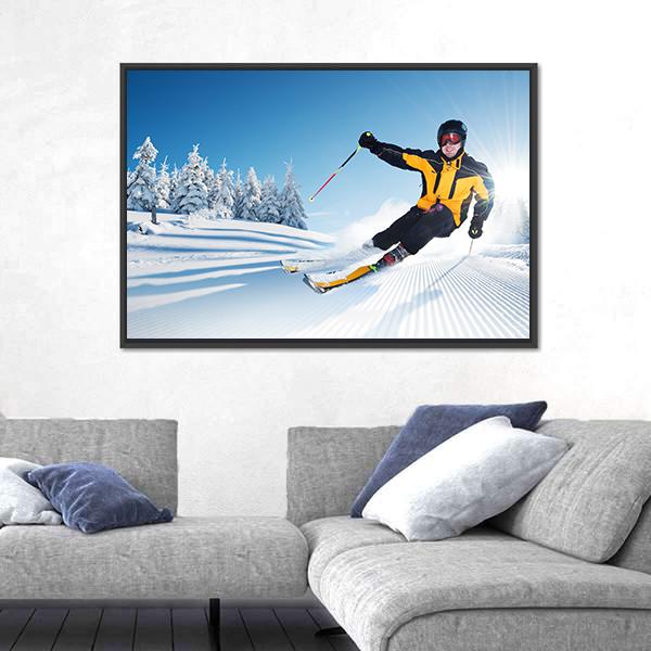 Skier In Mountains Canvas Wall Art-3 Horizontal-Gallery Wrap-25" x 16"-Tiaracle