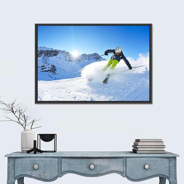 Skier Skiing Downhill Canvas Wall Art-1 Piece-Floating Frame-36" x 24"-Tiaracle