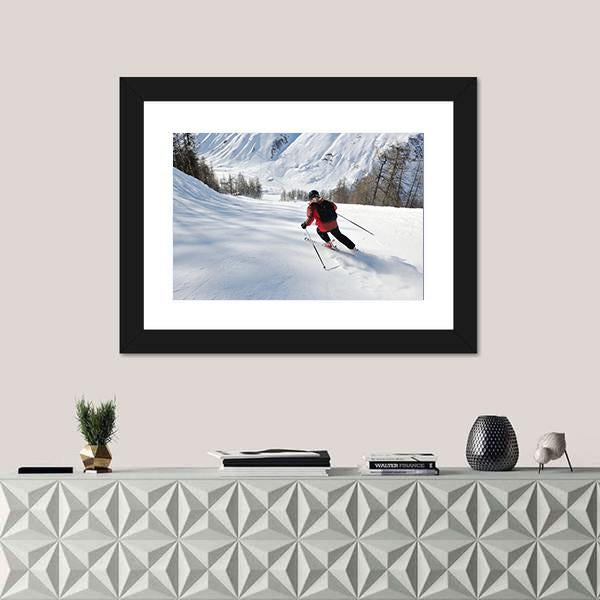 Skier Skiing Downhill Canvas Wall Art-1 Piece-Framed Print-20" x 16"-Tiaracle
