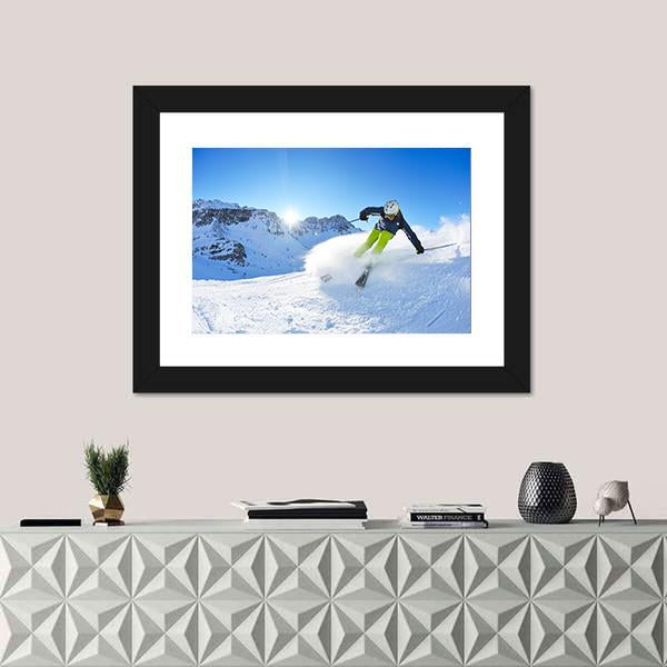 Skier Skiing Downhill Canvas Wall Art-1 Piece-Framed Print-30" x 20"-Tiaracle