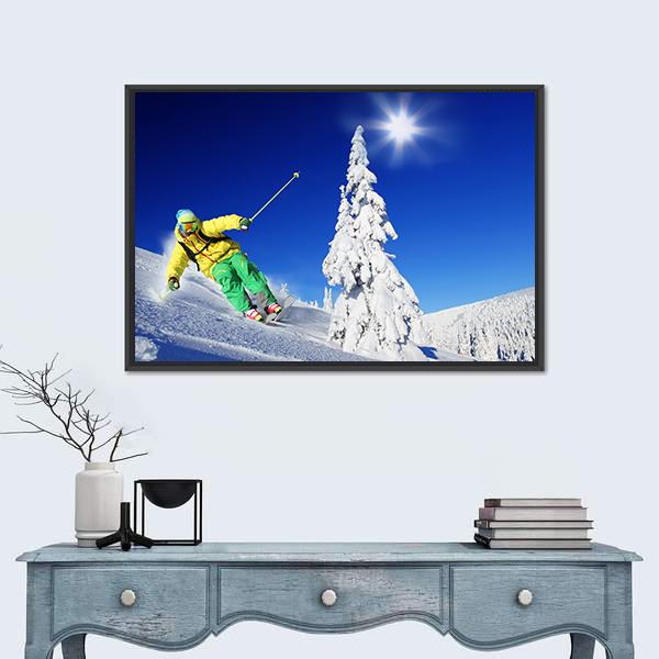 Skier Skiing In High Mountains Canvas Wall Art-1 Piece-Floating Frame-24" x 16"-Tiaracle