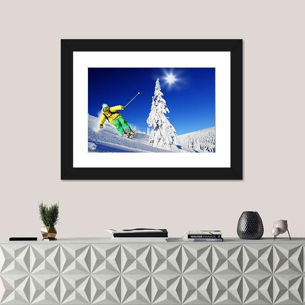 Skier Skiing In High Mountains Canvas Wall Art-1 Piece-Framed Print-20" x 16"-Tiaracle