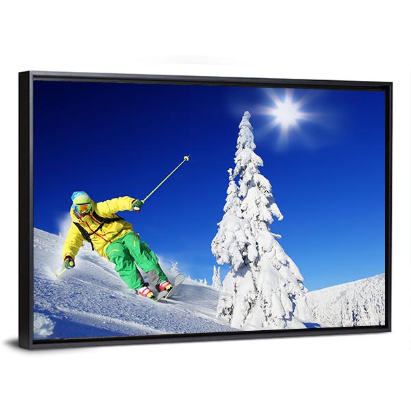 Skier Skiing In High Mountains Canvas Wall Art-3 Horizontal-Gallery Wrap-25" x 16"-Tiaracle